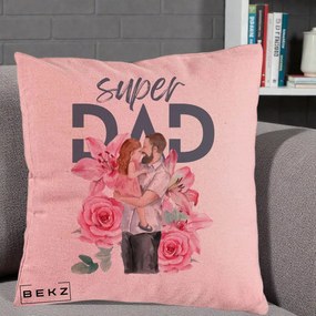 Cadou pentru Tata - Perna Personalizata Super Dad Tata cu Fetita si Flori, 40x40 cm, Roz, Husa Detasabila, Perna Inclusa, BEKZ®