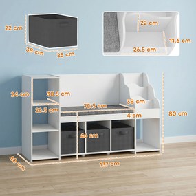 AIYAPLAY Raft Depozitare Jucării Copii 3-8 Ani cu Bibliotecă pe 3 Niveluri, 3 Sertare, 4 Compartimente, Pernă, Alb | Aosom Romania