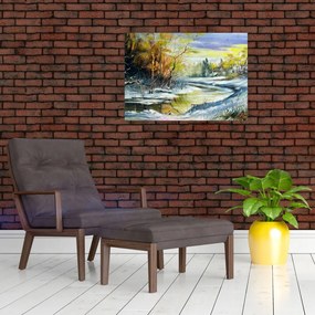 Tablou pe sticlă - Râu de iarnă, pictură în ulei (70x50 cm)