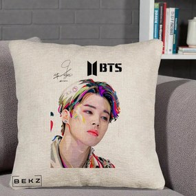 Perna Personalizata K-pop BTS Jimin Portret Artistic Multicolor cu Autograf, 40x40 cm, Bej Canapea, Husa Detasabila, Perna Inclusa, BEKZ®