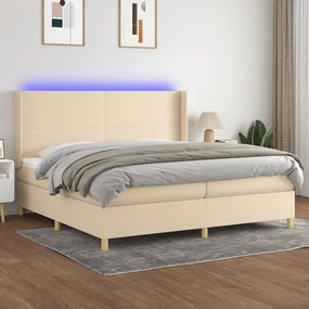 vidaXL Pat cu arcuri, saltea și LED, crem, 200x200 cm, textil
