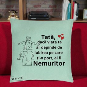 Cadou pentru Tata - Perna Personalizata Tata Supererou Nemuritor, 40x40 cm, Verde Menta, Husa Detasabila, Perna Inclusa, BEKZ®
