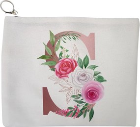 Portfard Cosmetice tip Plic, Cu litera S Rose Gold si Trandafiri, 23x18 cm, Alb, BEKZ®