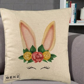 Perna Decorativa Iepuras Flori Urechi Pastelui, 40x40 cm, Bej, Husa Detasabila, Perna Inclusa, BEKZ®
