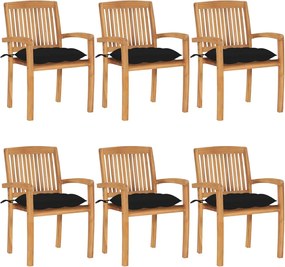 vidaXL Scaune grădină stivuibile cu perne, 6 buc, lemn masiv tec