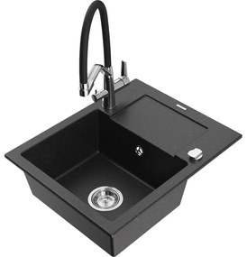 Mexen Enzo chiuvetă de granit cu o cuvă și picurător, baterie de bucătărie Duo, negru/argintiu metalizat - 6506-73-671701-07