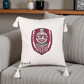 Perna Personalizata CFR Cluj Fotbal Club 1907, 40x40 cm, Bej cu Franjuri, Husa Detasabila, Perna Inclusa, BEKZ®