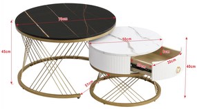 Set de 2 Măsuțe de Cafea Moderne Modulare din Marmură Sintetică cu Detalii Aurii și Sertare, Dimensiuni 70x70x45 cm și 50x50x40 cm, Negru