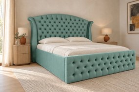 Pat tapițat Chesterfield din catifea Sorella Simple 140×200 cm, verde marin, cu ladă de depozitare