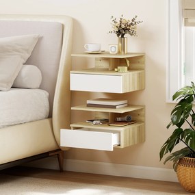 HOMCOM Set de 2 Noptiere Suspendate cu Sertar și Raft Deschis, 35x32x22.5 cm, Alb și Stejar | Aosom Romania