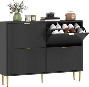 HOMCOM Dulap pentru încălțăminte 20 perechi cu 4 sertare rabatabile, uși canelate și rafturi reglabile, 105x24x91,5cm, negru | Aosom Romania