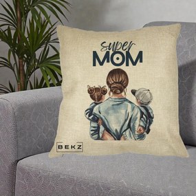 Cadou pentru Mama - Perna Personalizata Super Mom, 40x40 cm, Crem, Husa Detasabila, Perna Inclusa, BEKZ®