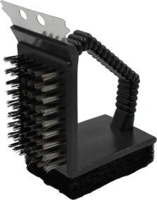 Perie premium 3 în 1 pentru curățarea grătarului, cu peri metalici rezistenți, racletă din oțel și burete abraziv, BBQ