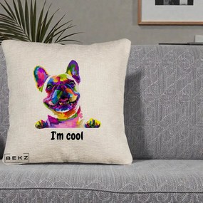 Perna Personalizata Bulldog Francez I'm Cool, 40x40 cm, Bej Canapea, Husa Detasabila, Perna Inclusa, BEKZ®