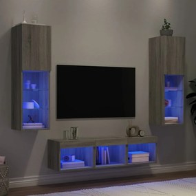 vidaXL Unități de perete TV cu LED-uri, 5 piese, gri sonoma, lemn