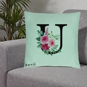 Cadou Personalizat - Perna Personalizata Monograma Florala Litera U, 40x40 cm, Verde Menta, Husa Detasabila, Perna Inclusa, BEKZ®