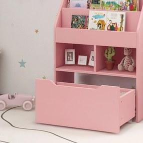 HOMCOM Bibliotecă pentru Copii cu Rafturi, Sertar și Roți, Raft pentru Jucării și Cărți, 60x29.9x90 cm, Roz | Aosom Romania