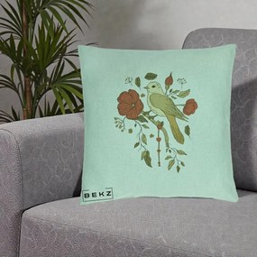 Perna Decorativa Pasare pe Ramura cu Maci, 40x40 cm, Verde Menta, Husa Detasabila, Perna Inclusa, BEKZ®