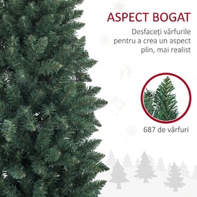 HOMCOM Brad Artificial de Crăciun cu 687 Ramuri, Brad de Crăciun Înalt și Îngust cu Bază Pliabilă, Ø75x210 cm, Verde | Aosom Romania
