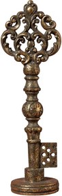 Cheie decorativă din rășină, auriu, mâner dantelat și detalii florale în relief, pe suport rotund, finisaj antichizat, 40 x 13 x 10,5 cm, „Seruria”