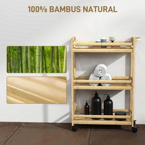 HOMCOM Raft de Baie din Bambus cu 3 Niveluri, Carucior Organizator cu Roți pentru Bucătărie, Baie, Living, 55 x 20 x 75 cm - Natural | Aosom Romania