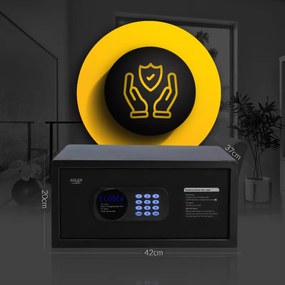Seif electronic Adler AD 1045, 200x420x370 mm, 14 l, Blocare după 4 încercări greșite, Avertizare baterie descărcată, Negru