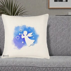 Perna Decorativa Inger cu Trompeta Albastru, 40x40 cm, Crem Reliefat, Husa Detasabila, Perna Inclusa, BEKZ®