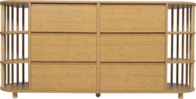 Comodă Sideboard, 6 sertare &amp; rafturi deschise, design în stil roman cu coloane &amp; rafturi din bambus, 160x40x75 cm, Culoare naturală