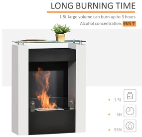 HOMCOM Șemineu cu Bioetanol cu Rezervor de 1.5L, Încălzitor cu Acoperire de 20m² din Oțel și Sticlă, 60x20x79 cm, Alb | Aosom Romania