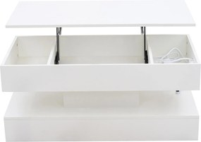 Masă de cafea modernă cu iluminare LED și spațiu de depozitare ascuns, măsuță laterală cu sistem hidraulic de ridicare, 100x50x42 cm, Alb