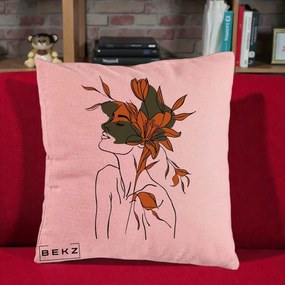 Perna Decorativa Portret Feminin Crin Auriu, 40x40 cm, Roz, Husa Detasabila, Perna Inclusa, BEKZ®
