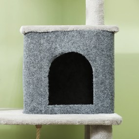 PawHut Ansamblu de Joacă pentru Pisici Multinivel Înalt 132 cm cu Căsuță, Culcuș, Stâlpi de Zgâriat, Perie și Minge, Gri | Aosom Romania