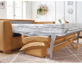 Canapea galben-muștar extensibilă cu tapițerie din catifea reiată 225 cm Augustin – Bobochic Paris