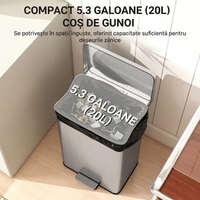 HOMCOM Coș de gunoi dreptunghiular cu pedală 20 L din metal, cu găleată interioară detașabilă și închidere lentă, argintiu | Aosom Romania
