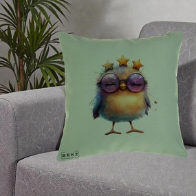 Perna Decorativa Pui Pop Star cu Ochelari Stele Violet, 40x40 cm, Verde, Husa Detasabila, Perna Inclusa, BEKZ®