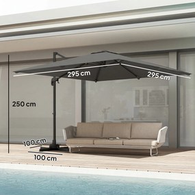 Outsunny Umbrelă de Grădină Decentralizată cu Manivelă 3x3m, Înclinabilă, Rotativă 360°, Umbrelă de Exterior Pătrată cu Bază Cruce, din Aluminiu, pentru Terasă sau Piscină, UV30+, Gri Închis | Aosom Romania