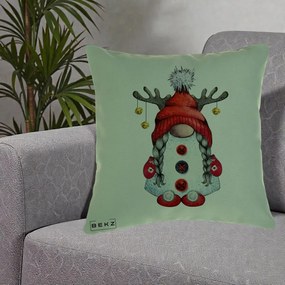 Perna Decorativa Pitic Gnom Craciun cu Coarne de Ren, 40x40 cm, Verde, Husa Detasabila, Perna Inclusa, BEKZ®