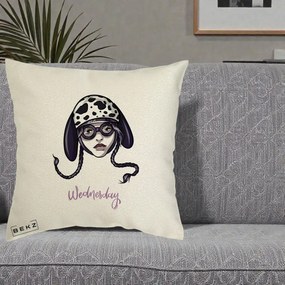 Perna Personalizata Wednesday Addams cu Caine Dalmatian, 40x40 cm, Ecru, Husa Detasabila, Perna Inclusa, BEKZ®