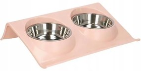 Castron, bol, pentru caine, pisica, dublu, cu suport, inox si plastic, roz, 2 x 14 cm 