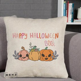 Perna Decorativa Happy Halloween Boo Trei Dovlecei Kawaii, 40x40 cm, Bej Canapea, Husa Detasabila, Perna Inclusa, BEKZ®