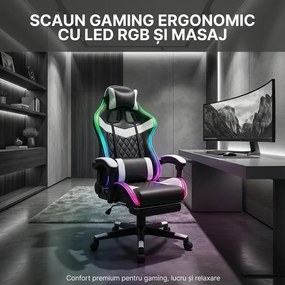 Scaun gaming, sistem iluminare bandă LED RGB, masaj în perna lombară, suport picioare, Negru/Alb