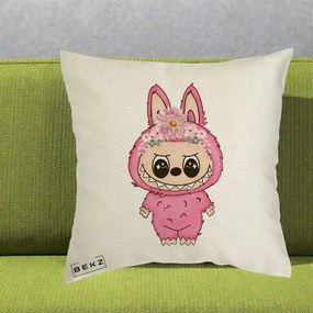 Perna Personalizata Labubu Roz cu Coroana Florala, 40x40 cm, Ecru, Husa Detasabila, Perna Inclusa, BEKZ®