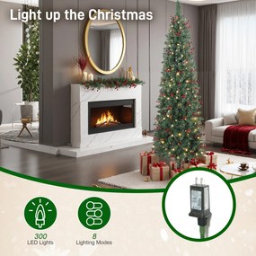 HOMCOM Pom de Crăciun Slim 210 cm Artificial, Lumini Incorporate în 8 Moduri, 300 Ramuri Dens Ignifuge Înzăpezite, 55 Conuri și 55 Ciorchini de Boabe, Pom de Crăciun Îngust și Înalt cu Bază din Metal | Aosom Romania