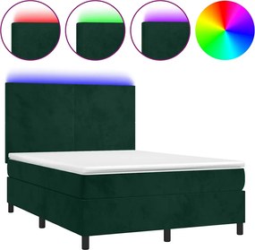 vidaXL Pat cu arcuri, saltea și LED, verde închis, 140x200 cm, catifea
