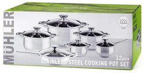 Set de oale Muhler MR-1242, 12 piese, Otel inoxidabil, Fund in trei straturi, Manere reci, Capace din sticla, Inductie, Argintiu