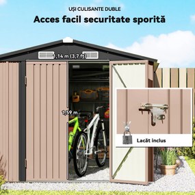 Outsunny Magazie Metalică 305 x 245 cm, Căsuță de Grădină Rezistentă cu 4 Guri de Aerisire și Uși Duble cu Încuietoare, Maro | Aosom Romania