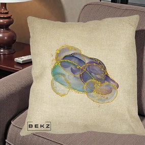 Perna Decorativa Abstract Acuarela Albastru-Mov cu Cercuri Aurii, 40x40 cm, Crem, Husa Detasabila, Perna Inclusa, BEKZ®