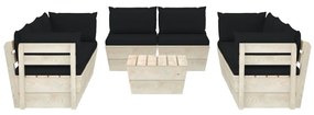 Set mobilier gradina din paleti, 9 piese, cu perne, lemn de molid Negru, 4x colt + 4x mijloc + masa, 1