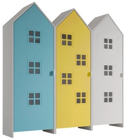 Set 3 dulapuri pentru copii Casami Bruges tip colibă de plajă – 1 cu ușă albă, 1 cu ușă Albastru și 1 cu ușă Galben Strălucitor – Vipack