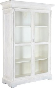 Vitrină vintage din lemn masiv de mango, alb, cu 2 uși vitrate, 3 rafturi și console sculptate, finisaj patinat, 209 x 140 x 55 cm, „Blanco”